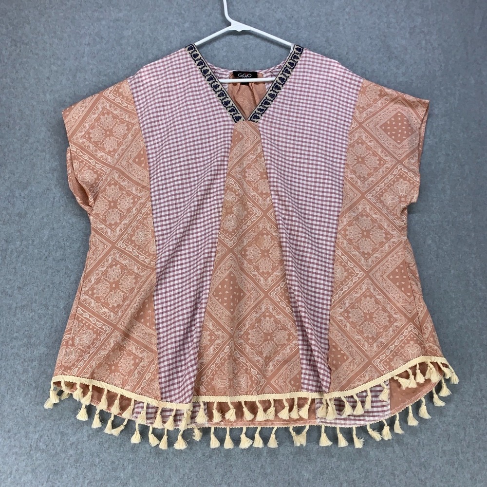 Gigio Blouse Womens Small Peach Gingham Paisley Tassel Boho V-Neck Top TC2514